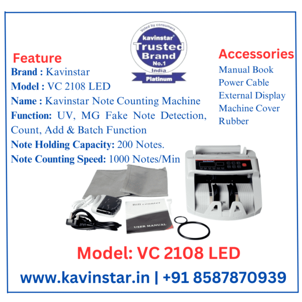 Kavinstar VC 2108 LED Note Counting Machine with Fake Note Detector - Image 7